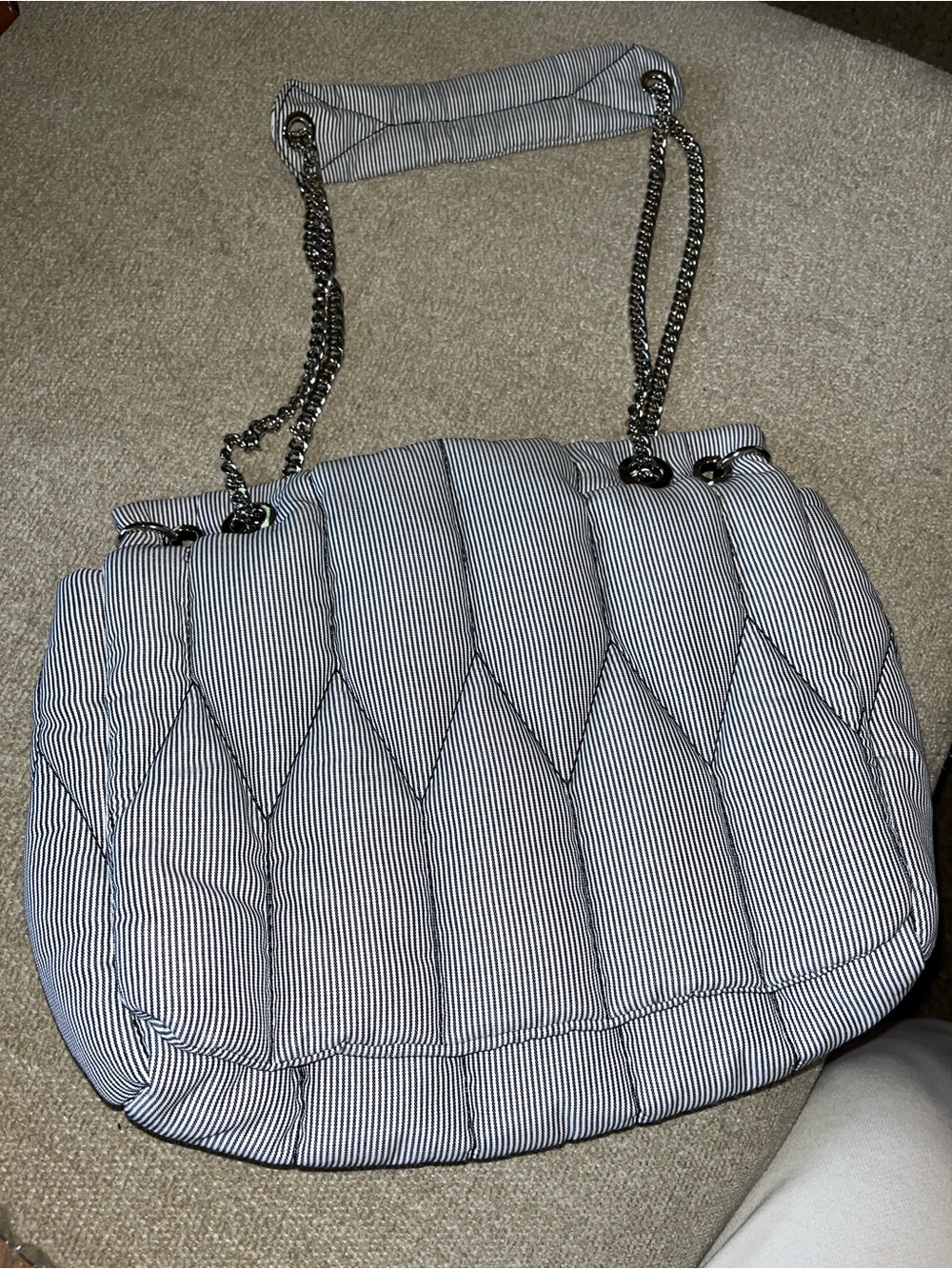 Zara Padded Quilted Shoulder Bag in Navy & White Pinstripe with Silver Chain